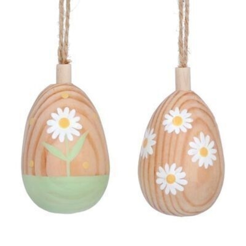 Natural wooden egg shaped hanging decoration with grass and daisy design or daisy design. The perfect addition to your home for  Spring. 2 designs. By Gisela Graham.
